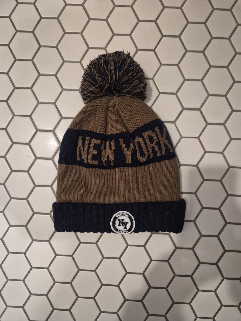 New York Hat Cuffed Beanie NY NYC with Pom Navy Blue Tan Brown Winter Fall ✨️💫
